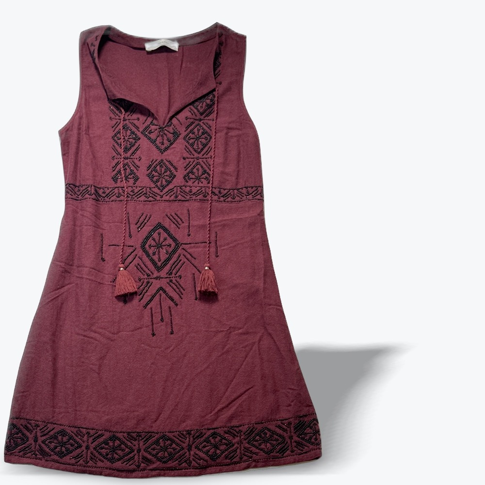 Abercrombie & Fitch Shift Dress Burgundy Beaded Boho Maroon Tassel Small Tall ST